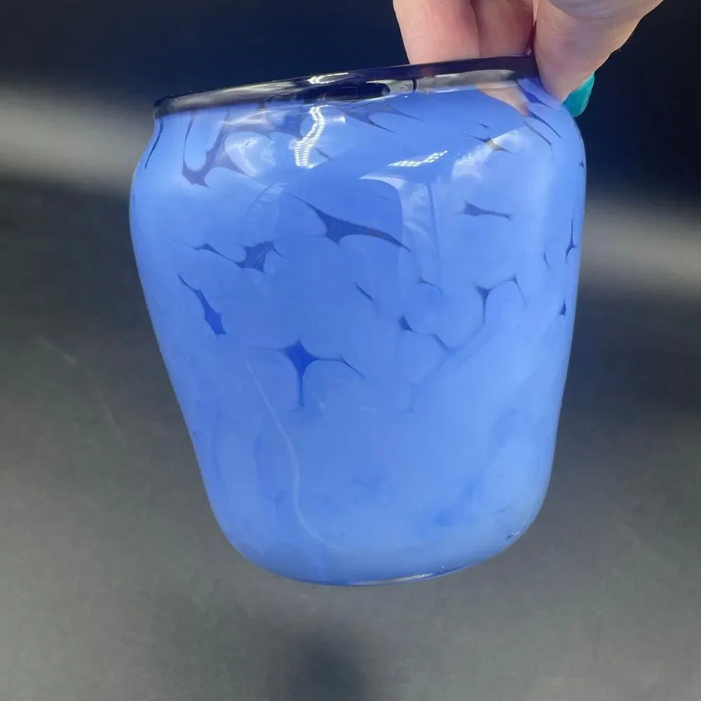 Vintage Blue Mottled Art Glass Tumbler Vase Set Hand Blown Rough Pontil Mark MCM